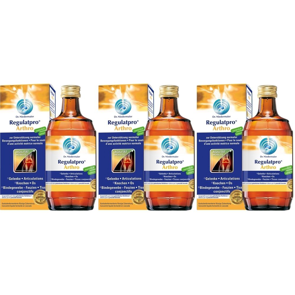 Plusieurs bouteilles et boîtes. "Regulatpro Arthro" est écrit sur les bouteilles. Les boîtes montrent une articulation.