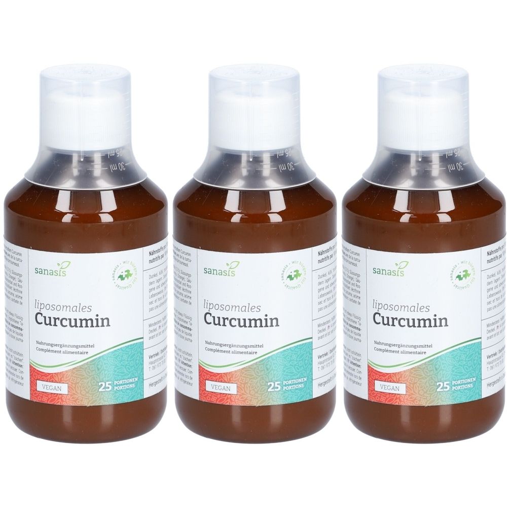 Trois flacons de liquide brun. Inscription: Sanasis liposomal Curcumin. Vegan. 25 portions.