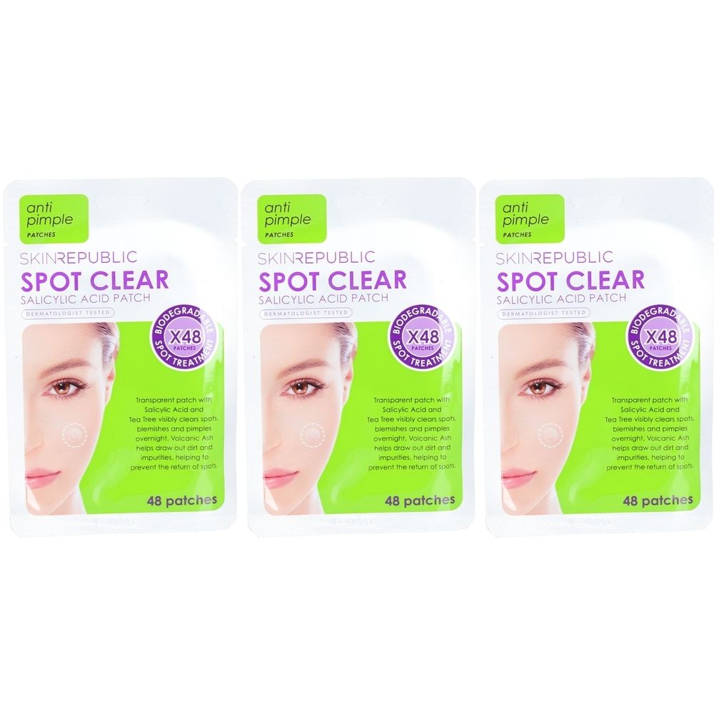 Drei Packungen Skin Republic Spot Clear Patches. Jede Packung enthält 48 Patches. Aufdruck: Anti-Pickel, Salicylsäure.