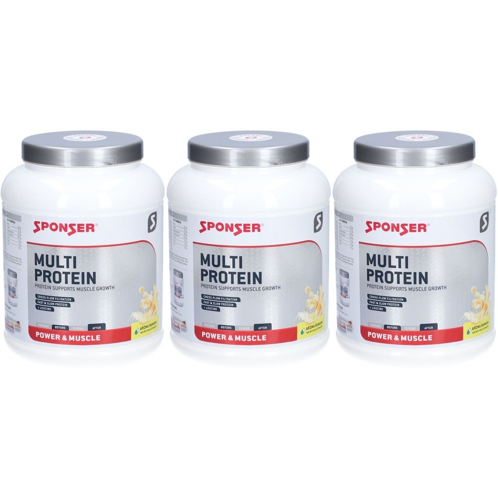 Drei weiße Behälter mit silbernen Deckeln. Aufschrift "SPONSER MULTI PROTEIN".