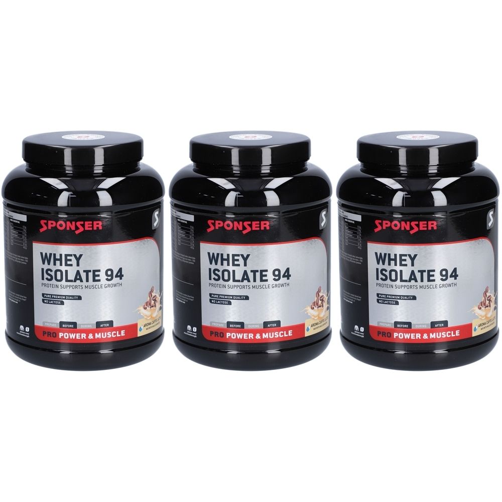 Trois contenants noirs avec couvercles. Sur le devant, "SPONSER WHEY ISOLATE 94" est écrit.