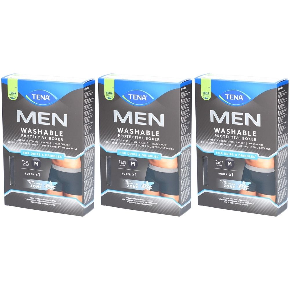 Drei Boxen TENA Men, waschbare Inkontinenz-Boxershorts, Größe M. Schwarze Verpackung mit Produktabbildung und Logo.