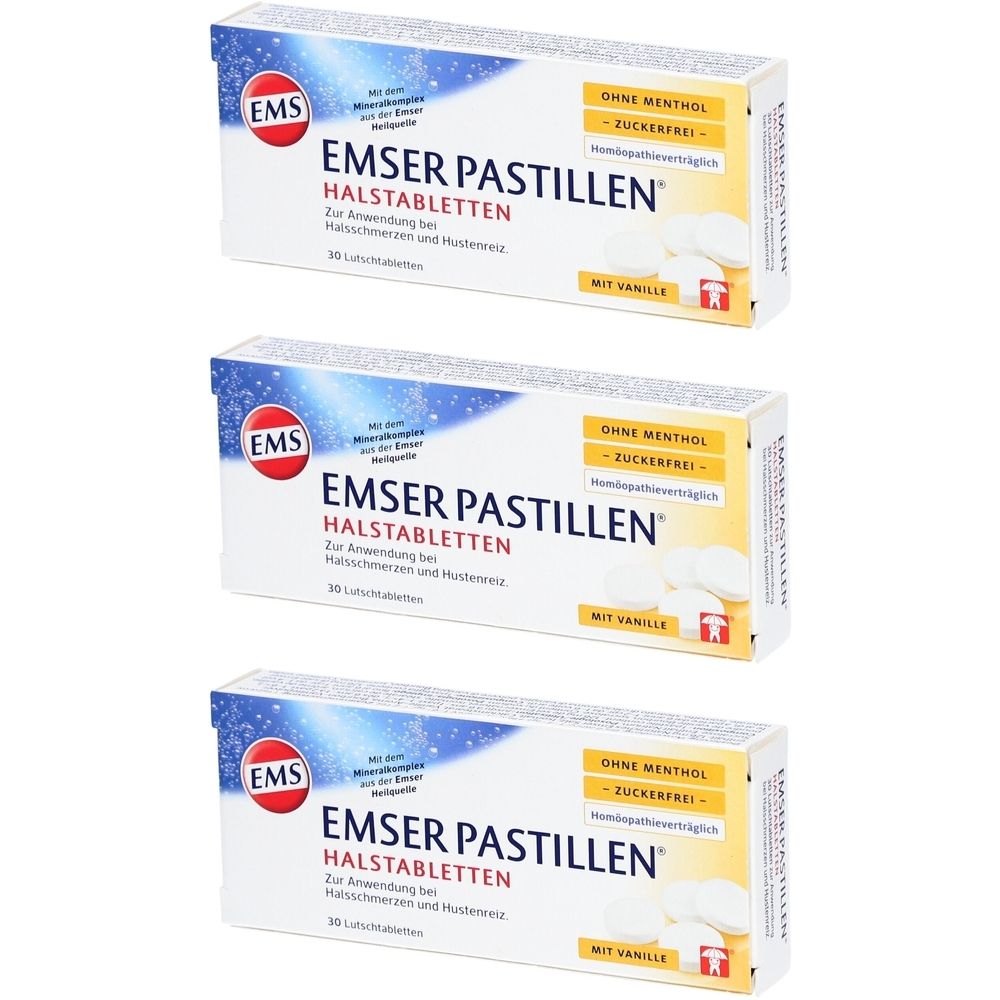 Drei Schachteln Emser Pastillen. Aufschrift: Ohne Menthol, zuckerfrei, mit Vanille. 30 Lutschtabletten.