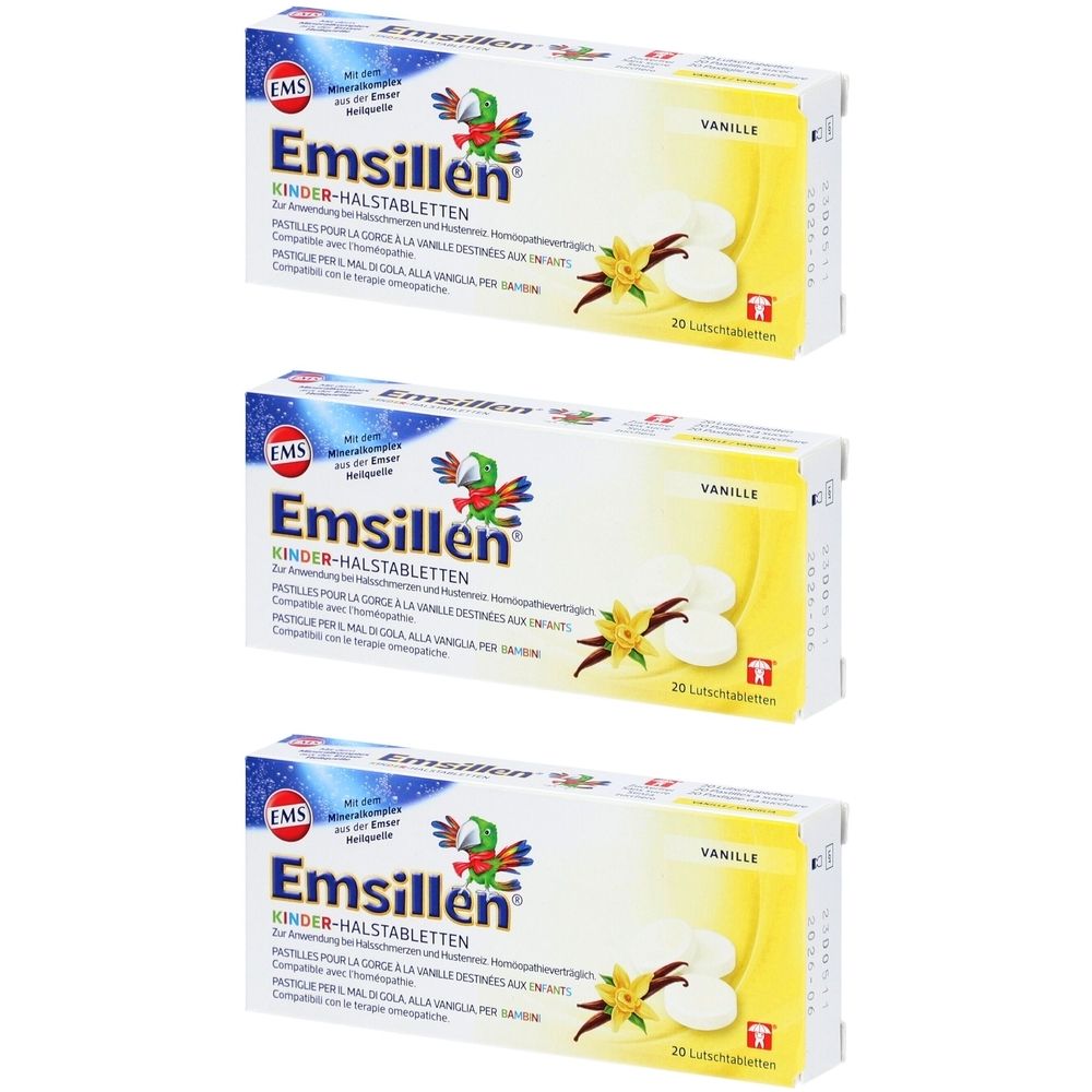 Drei Schachteln Emsillen Kinder-Halstabletten Vanille. Aufschrift: Emsillen, Kinder-Halstabletten, Vanille. Jede Schachtel enthält 20 Lutschtabletten.