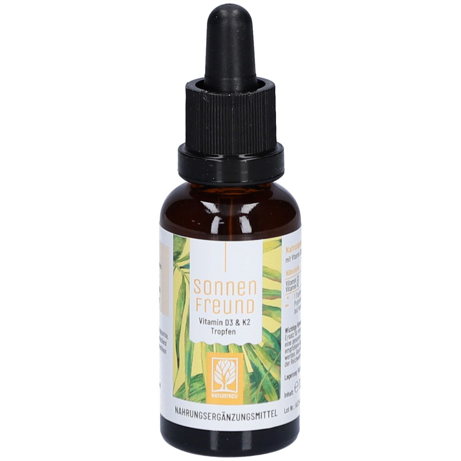 Braune Glasflasche mit schwarzem Schraubverschluss und Pipette. Etikett mit Produktinformationen und Logo.