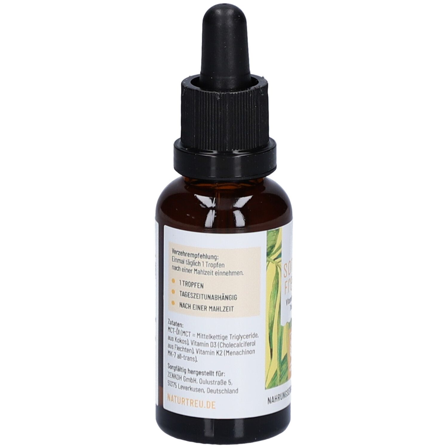 Braune Glasflasche mit schwarzem Schraubverschluss und Pipette. Etikett mit Produktinformationen, Text und Logo.