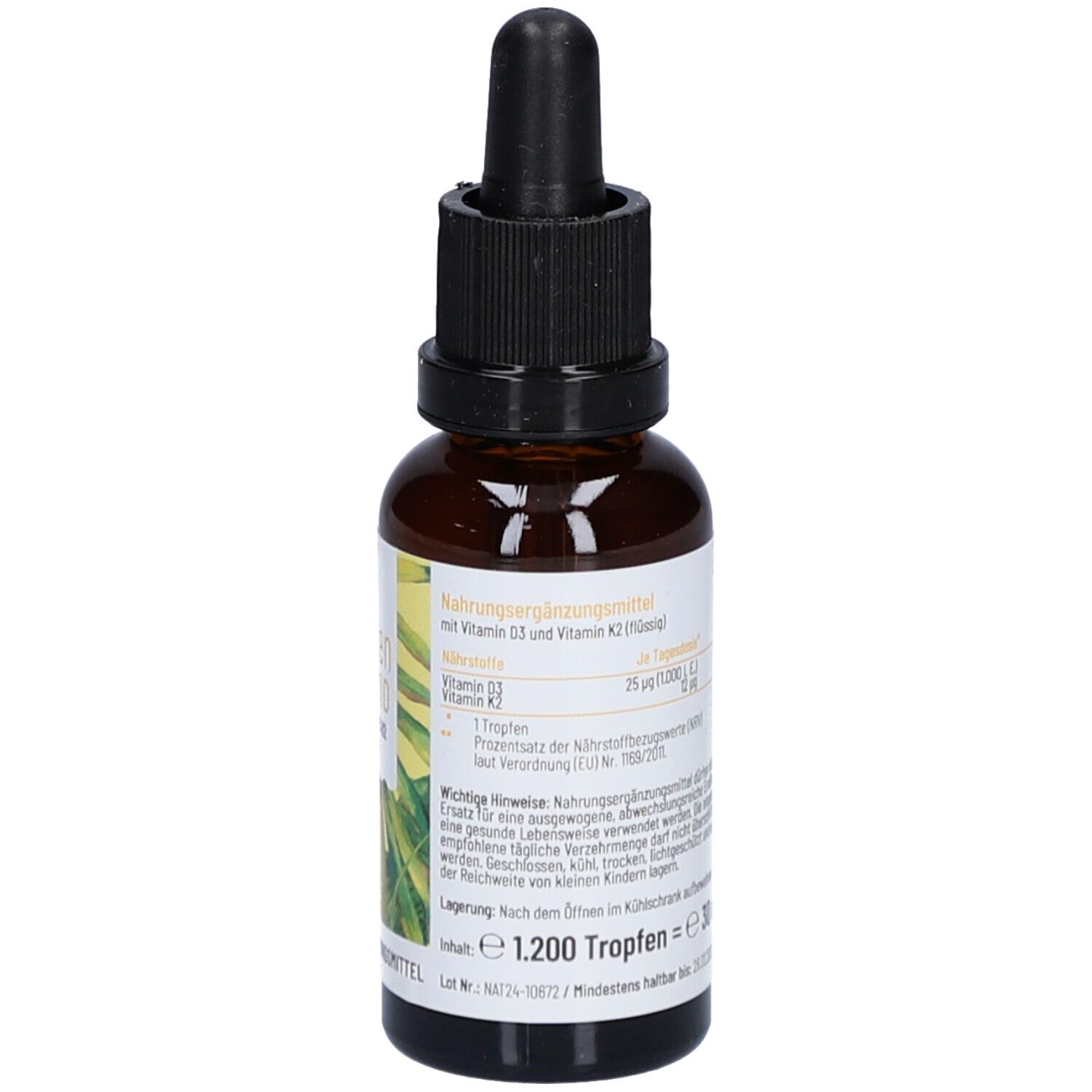 Braune Glasflasche mit schwarzem Schraubverschluss und Pipette. Etikett mit Produktinformationen und Text.