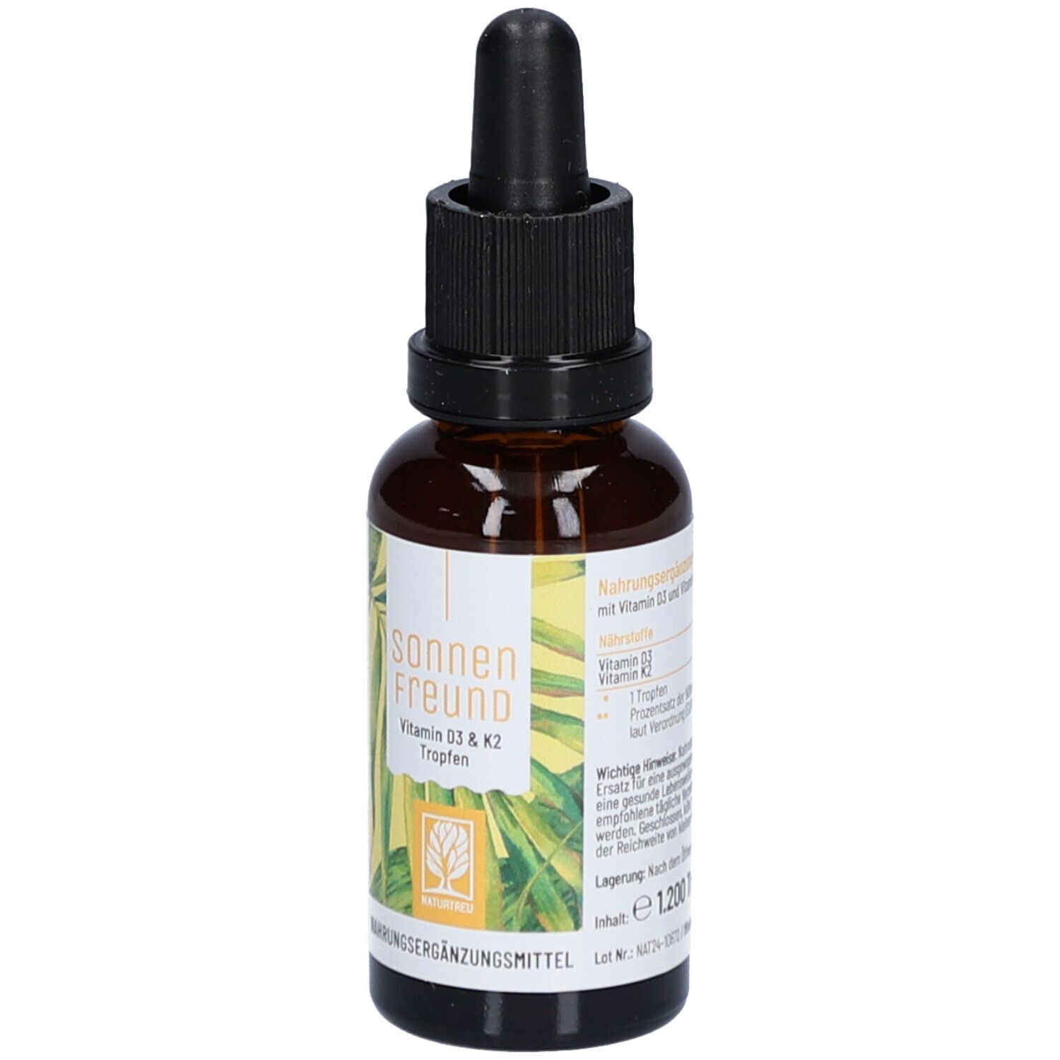 Braune Glasflasche mit schwarzem Schraubverschluss und Pipette. Etikett mit Produktinformationen und Text.