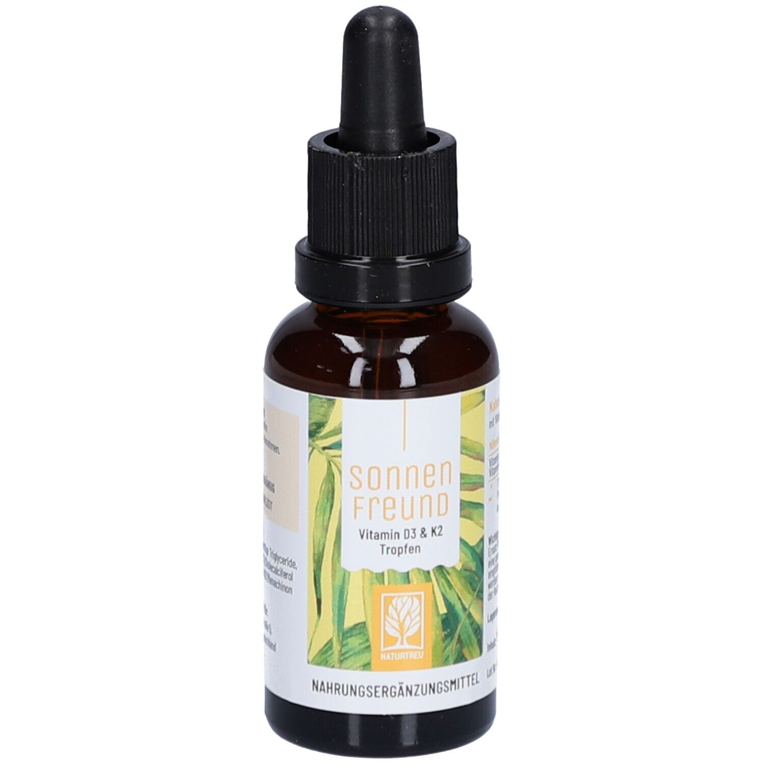 Braune Glasflasche mit schwarzem Schraubverschluss und Pipette. Etikett mit Produktinformationen und Logo.