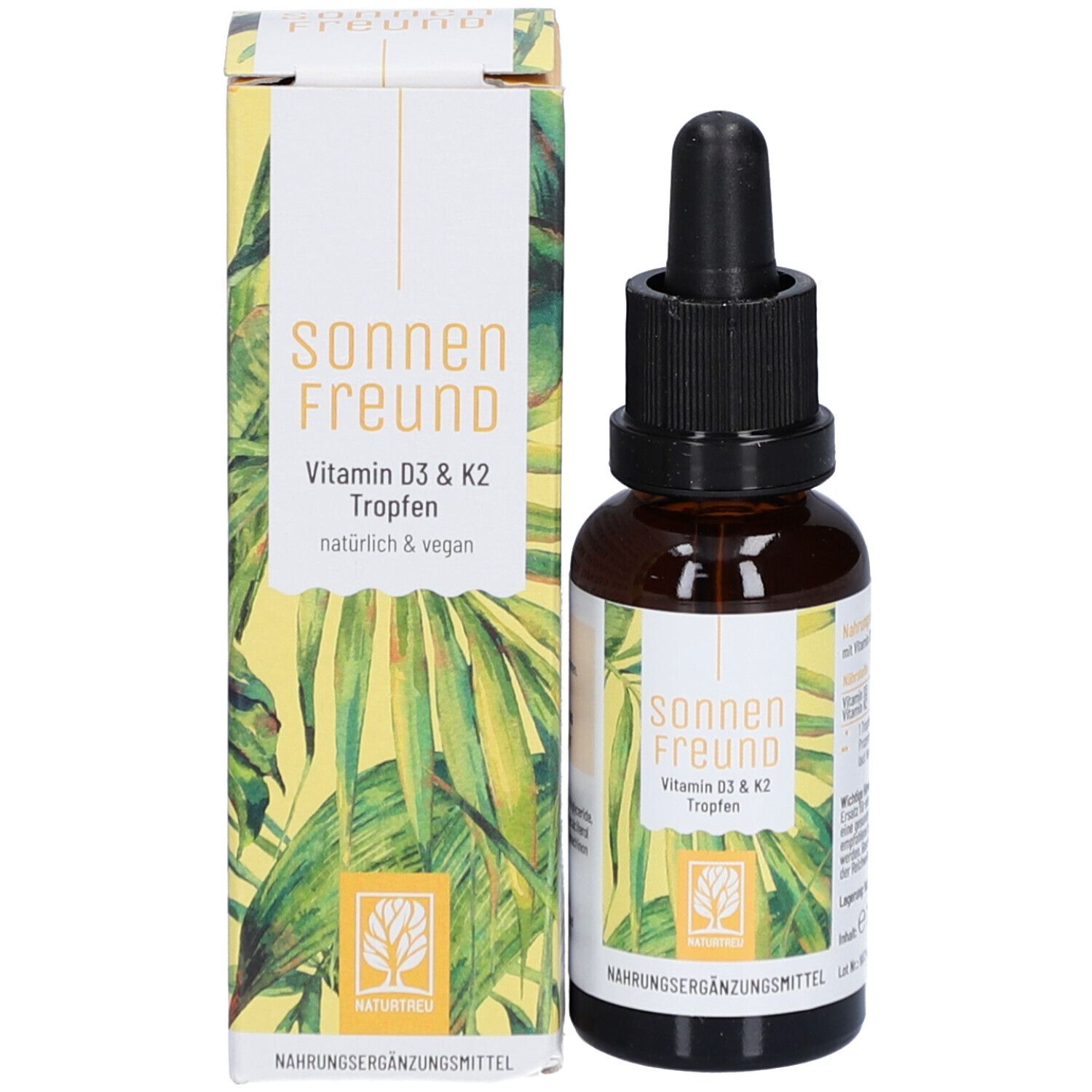 Braune Glasflasche mit schwarzem Schraubverschluss und Pipette, neben einer Schachtel. Aufdruck: Produktname, Logo.