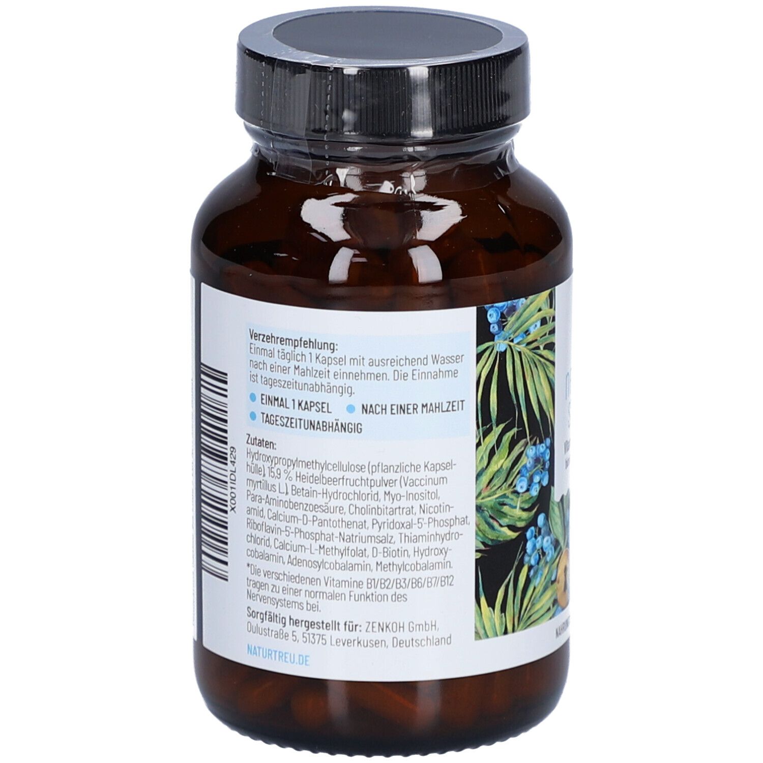 Rückseite der braunen Glasflasche. Etikett mit Produktinformationen und Inhaltsstoffen.