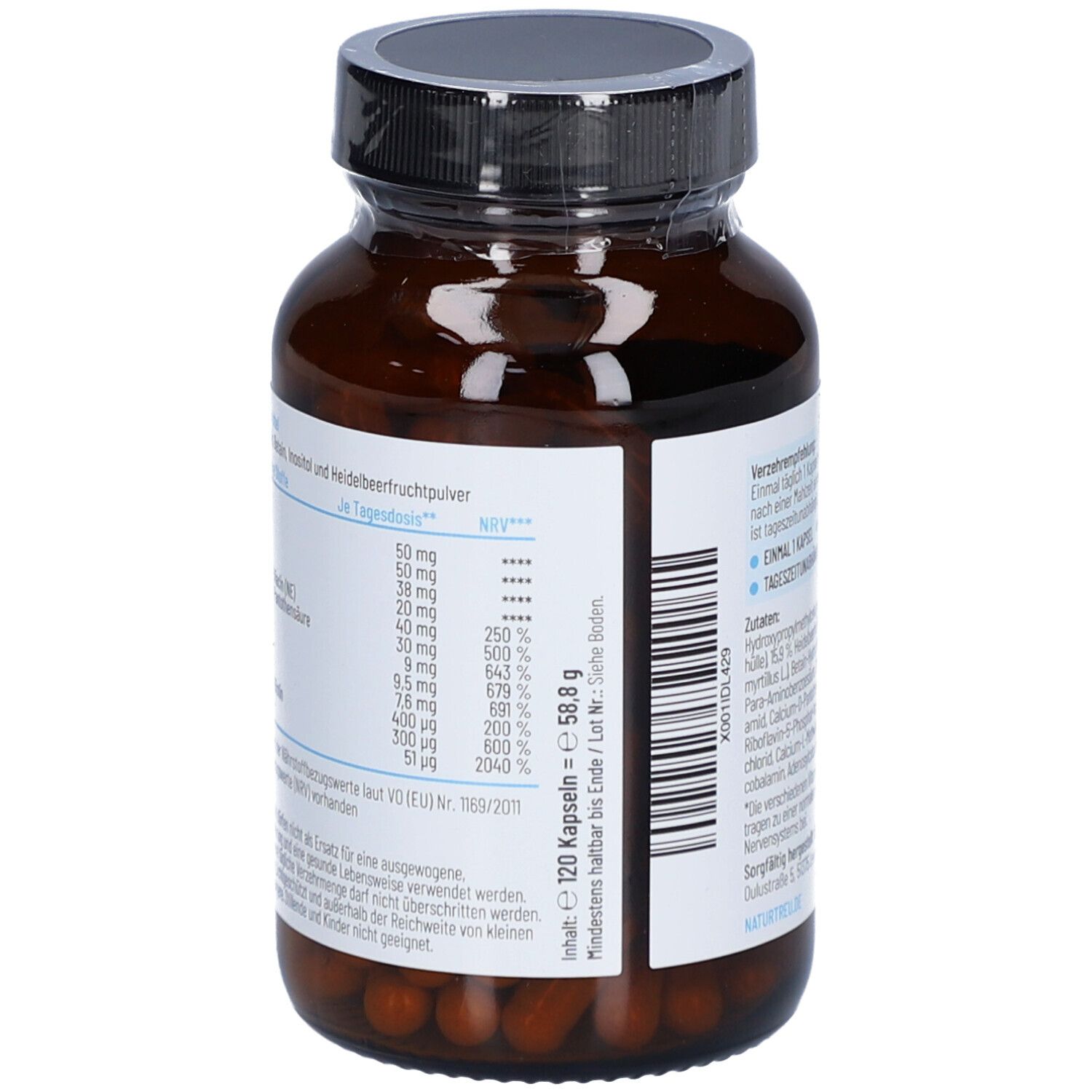 Rückseite der braunen Glasflasche. Etikett mit Nährwertangaben und Inhaltsstoffen.