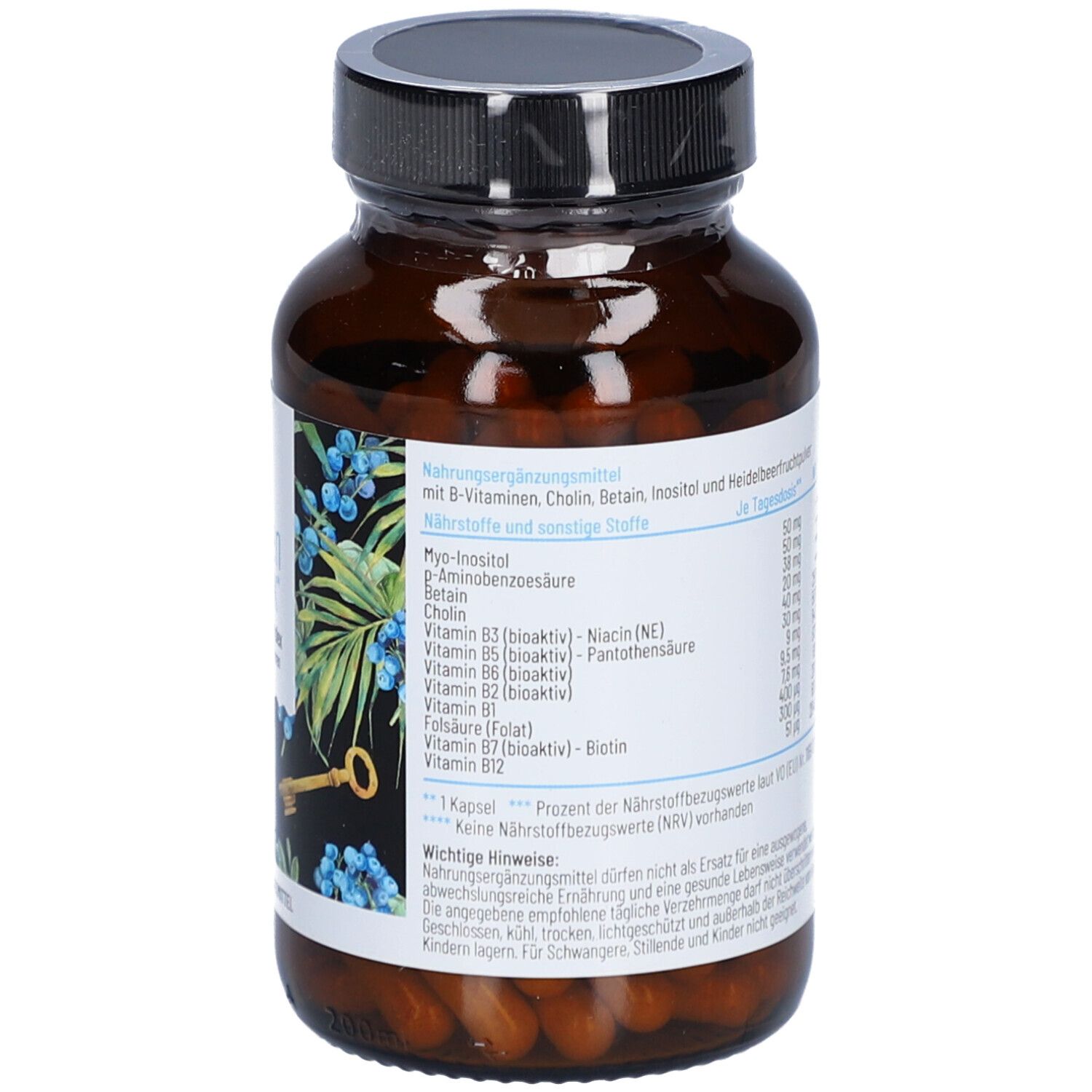 Rückseite der braunen Glasflasche. Etikett mit Nährwertangaben und Inhaltsstoffen.