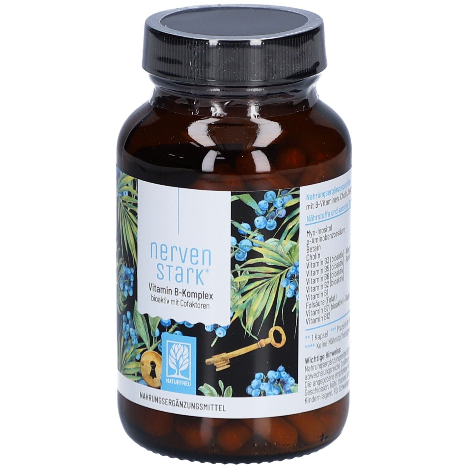 Braune Glasflasche mit schwarzem Deckel. Etikett mit "nervenSTARK" und "Vitamin B-Komplex".