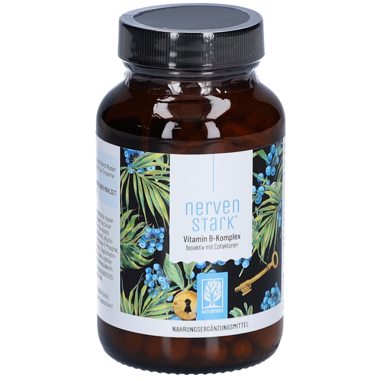 Braune Glasflasche mit schwarzem Deckel. Etikett mit "nervenSTARK" und "Vitamin B-Komplex".