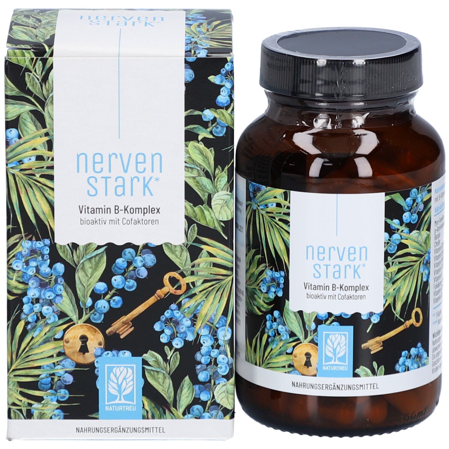 Braune Glasflasche und Schachtel. Auf der Schachtel steht "nervenSTARK" und "Vitamin B-Komplex".