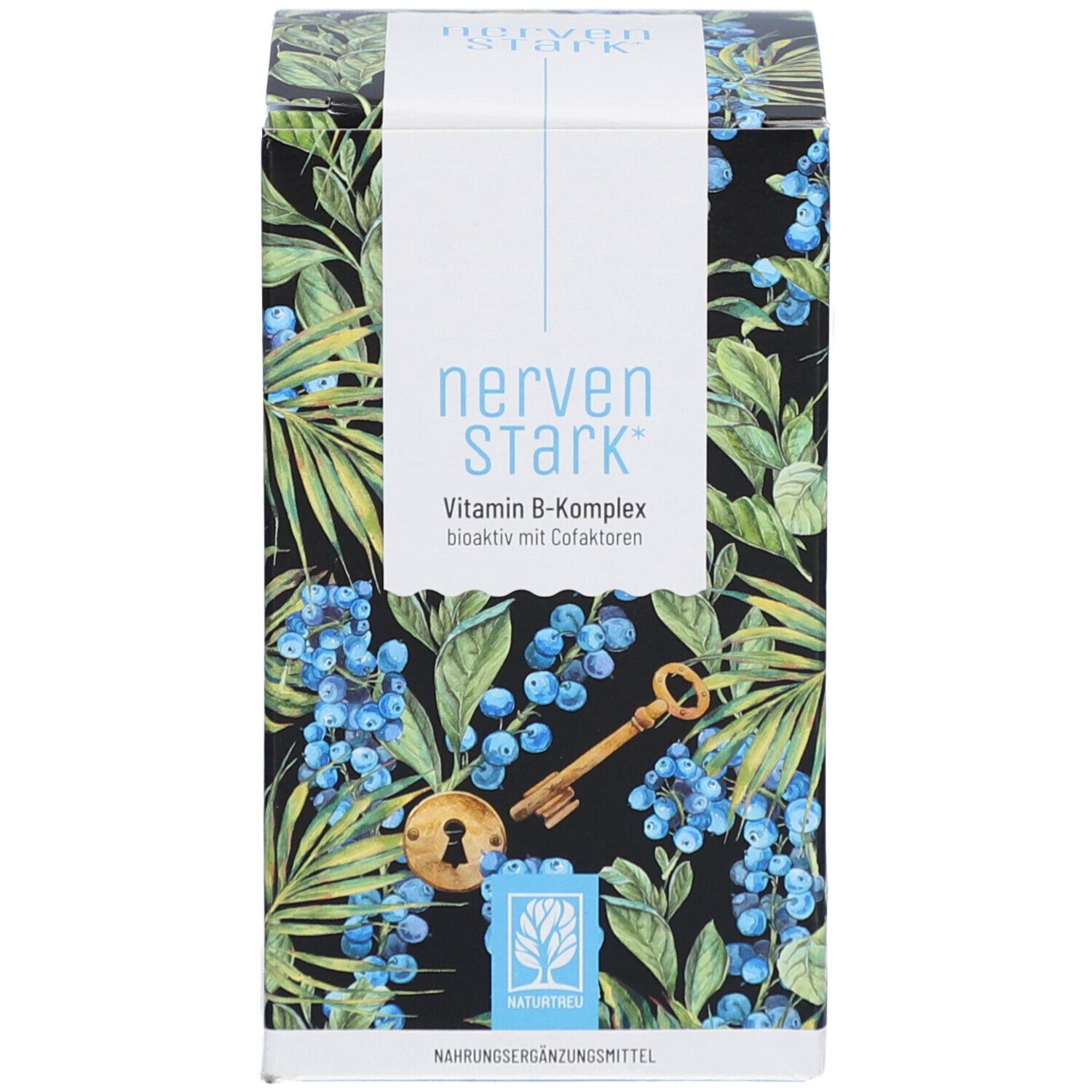 Schachtel mit "nervenSTARK" und "Vitamin B-Komplex". Schwarzer Hintergrund mit Pflanzenmuster.