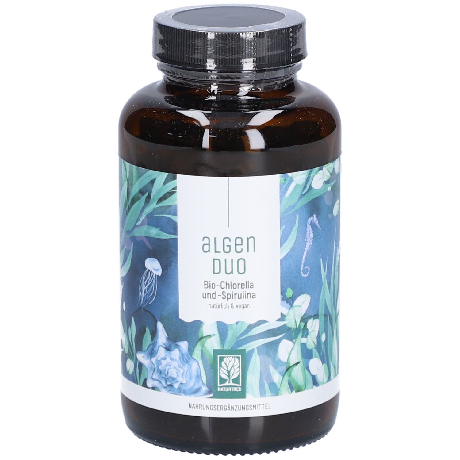 Braune Glasflasche mit schwarzem Deckel. Etikett mit "Algen Duo", Bio-Chlorella und Spirulina. Natürliche und vegane Formel.