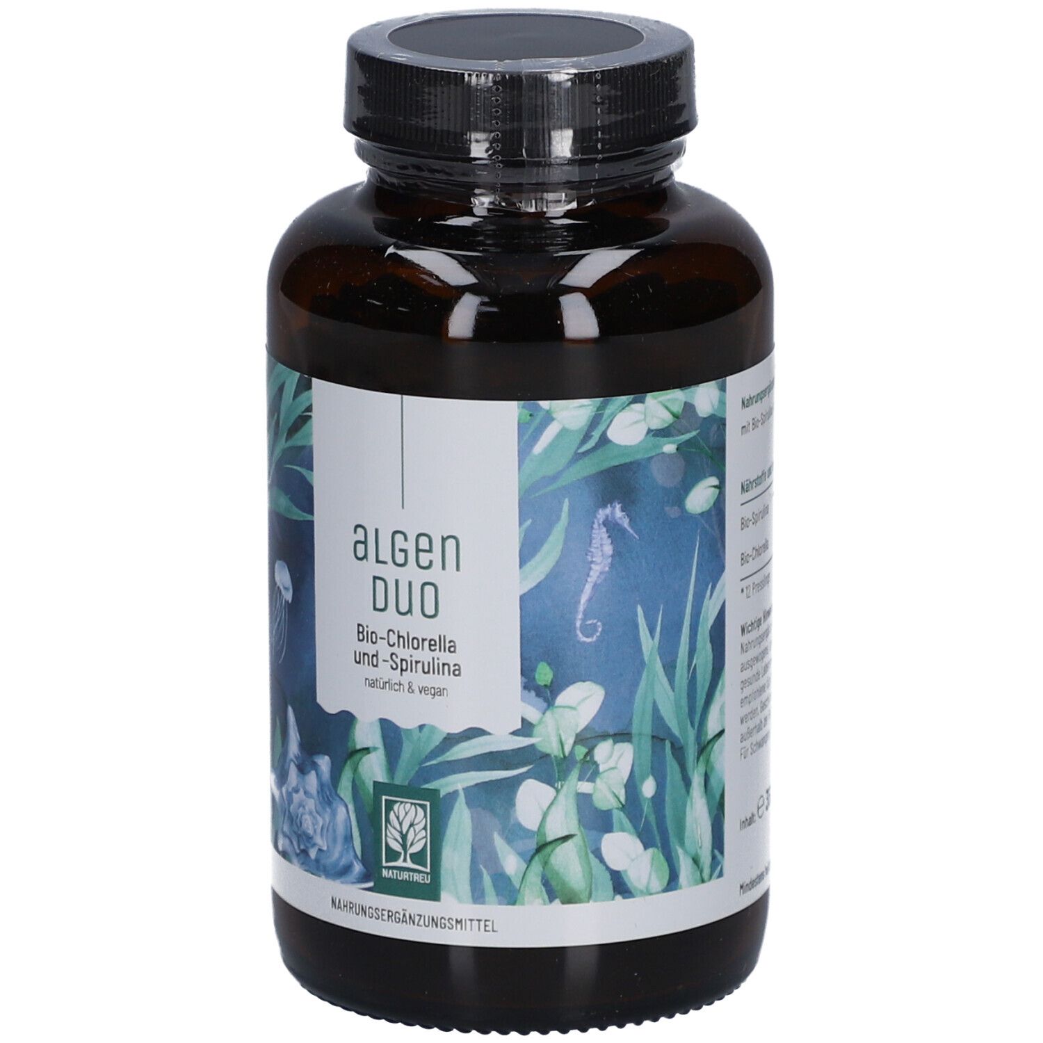 Braune Glasflasche mit schwarzem Deckel. Etikett mit "Algen Duo", Bio-Chlorella und Spirulina. Natürliche und vegane Formel.