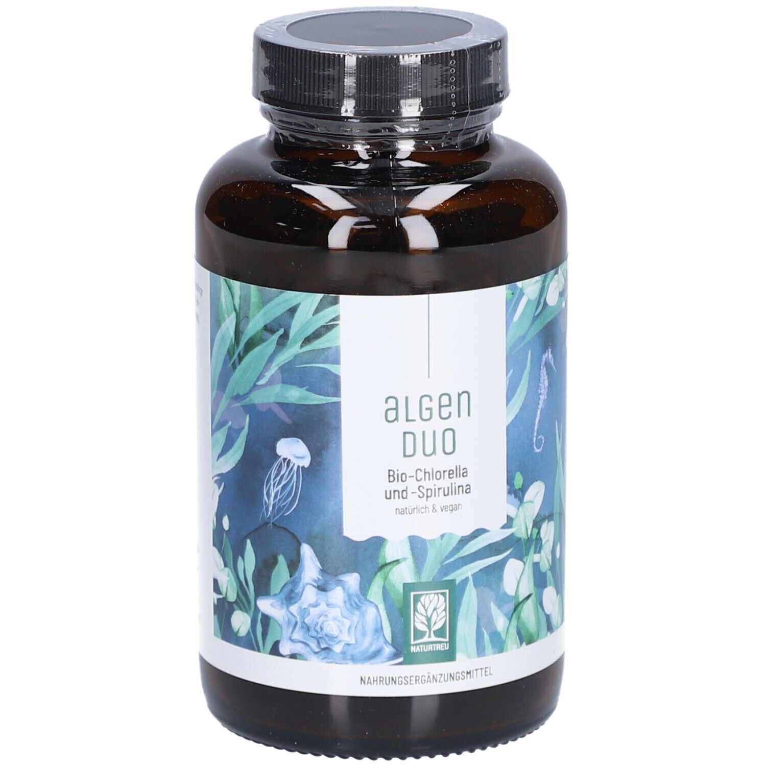 Braune Glasflasche mit schwarzem Deckel. Etikett mit "Algen Duo", Bio-Chlorella und Spirulina. Natürliche und vegane Formel.