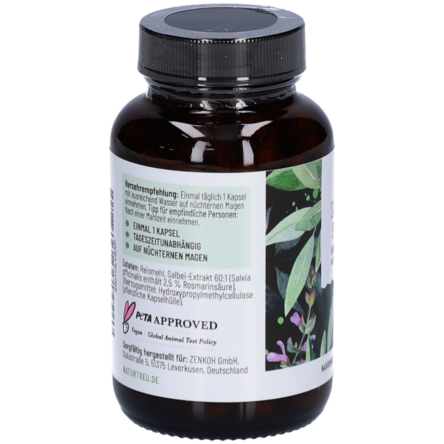 Rückseite der Flasche. Text mit Verzehrempfehlung, Zutaten und Herstellerinformationen. PETA-Siegel.