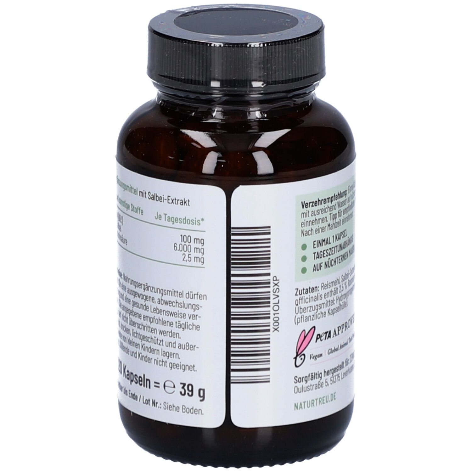 Rückseite der Flasche. Text mit Nährwertangaben und Inhaltsstoffen. Barcode. PETA-Siegel.