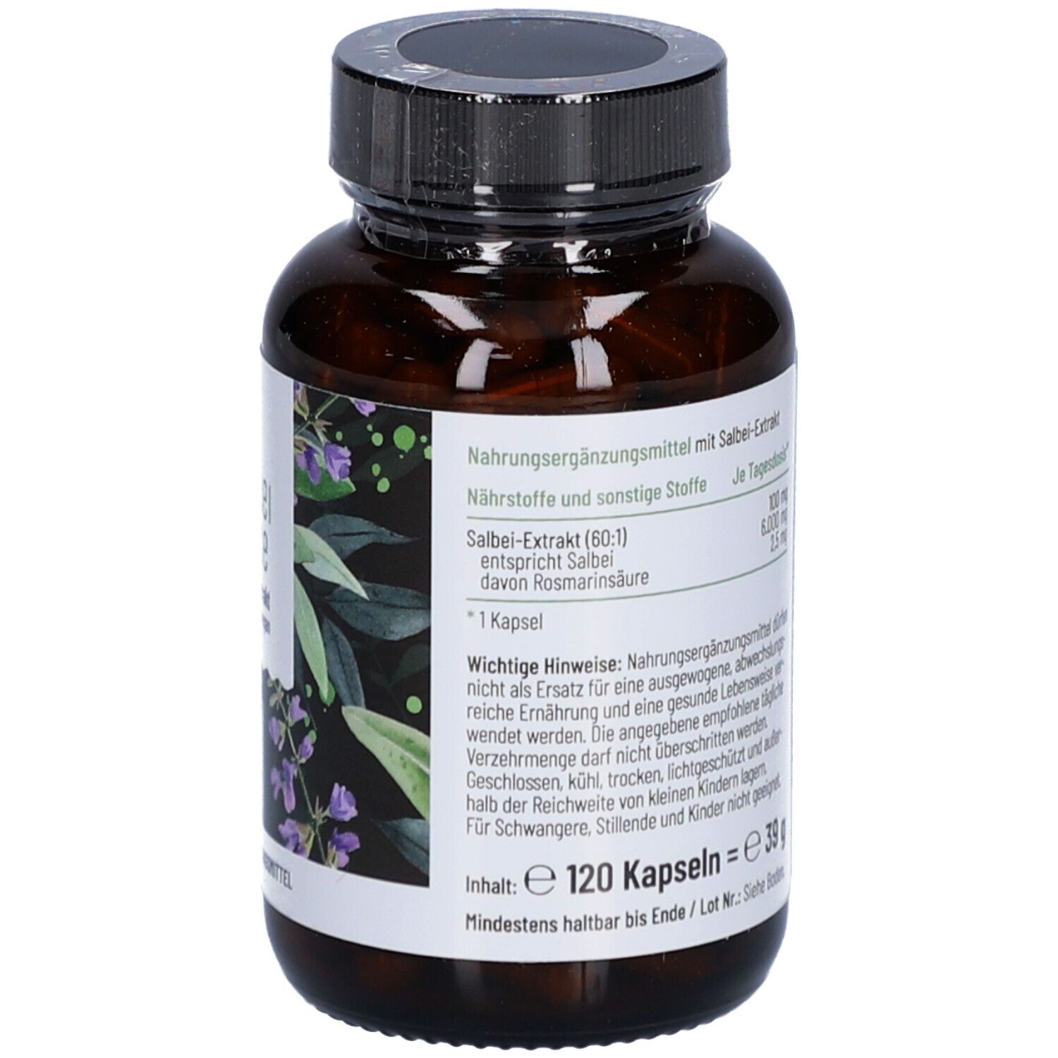 Rückseite der Flasche. Text mit Nährwertangaben und Inhaltsstoffen. 120 Kapseln. PETA-Siegel.