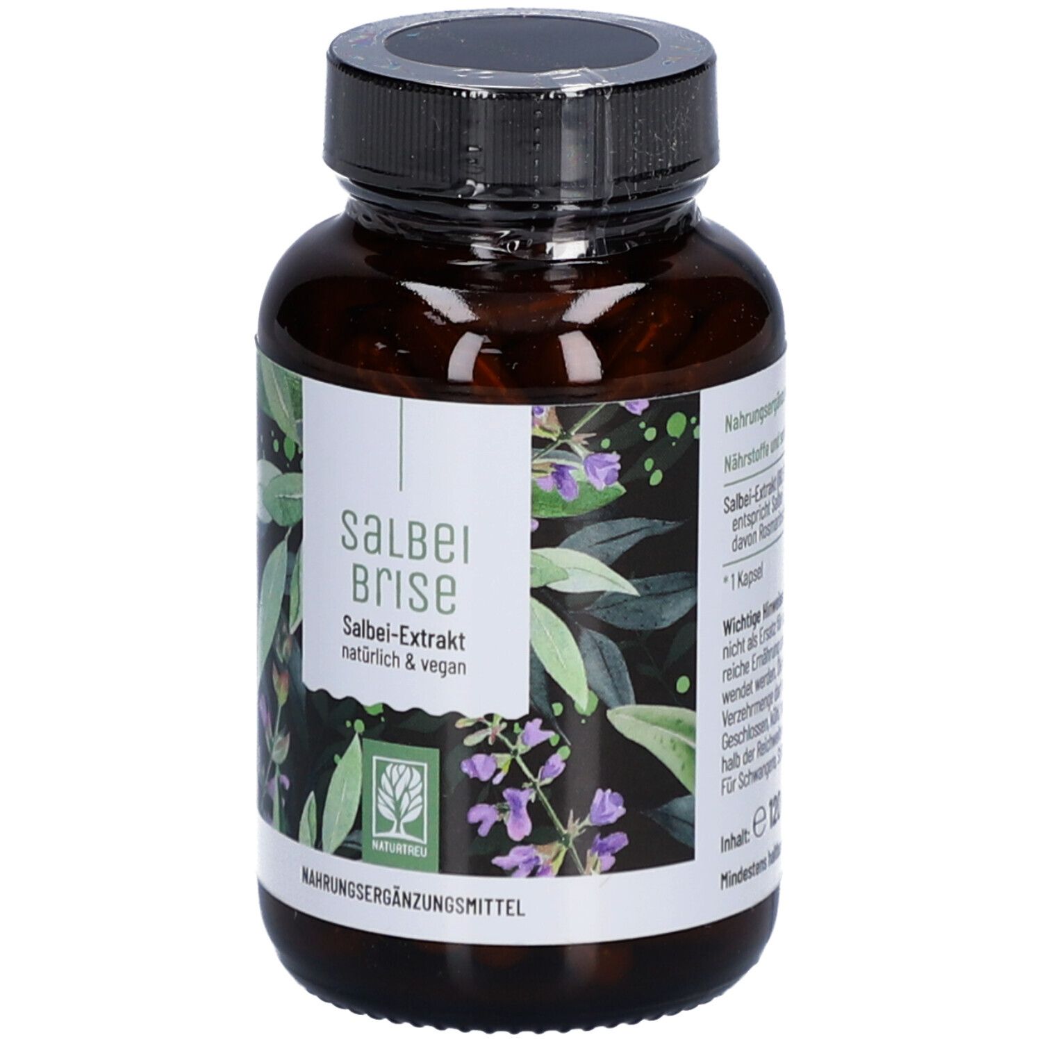 Braune Flasche mit schwarzem Deckel. Etikett mit Produktnamen und Logo. Nahrungsergänzungsmittel.