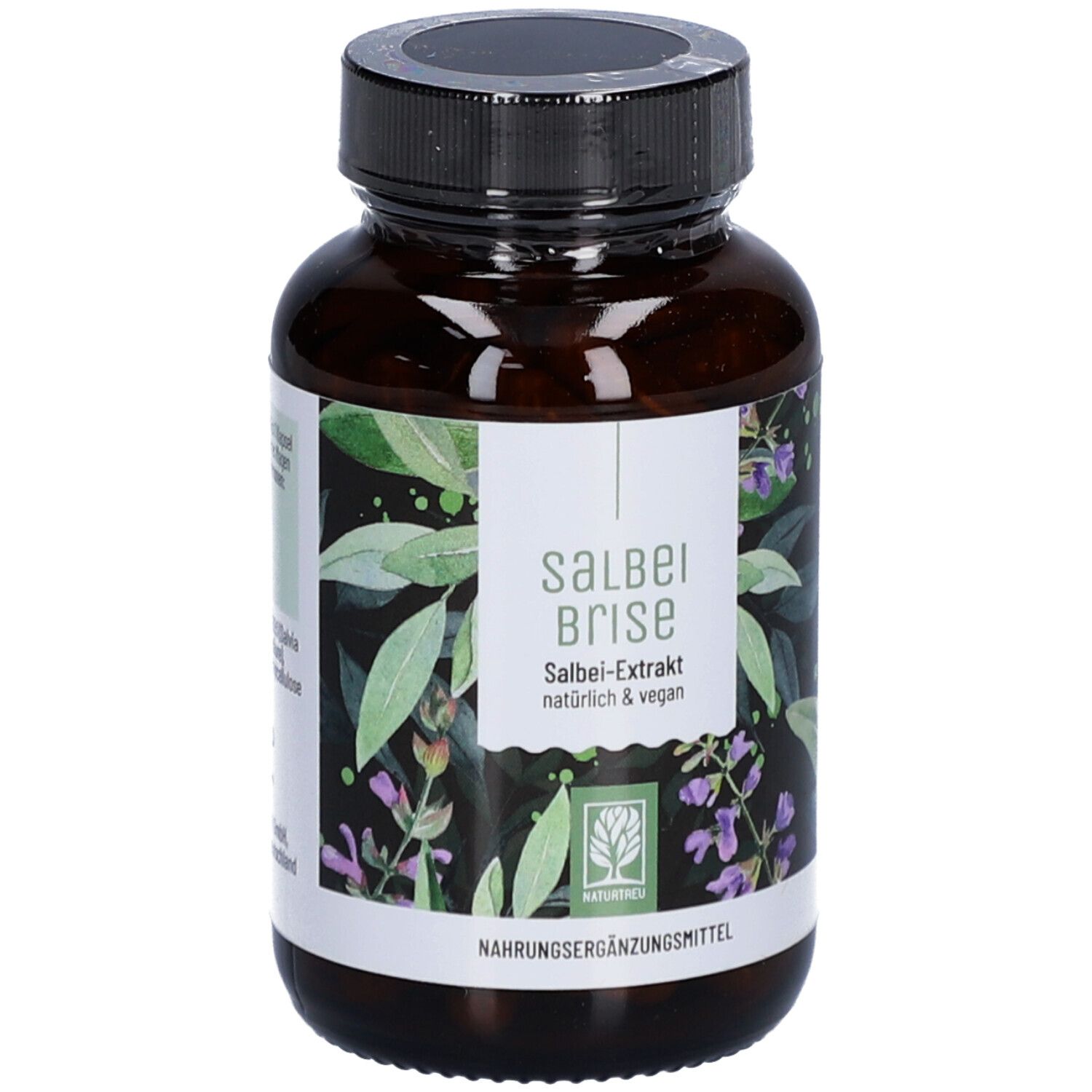 Braune Flasche mit schwarzem Deckel. Etikett mit Produktnamen und Logo. Nahrungsergänzungsmittel.