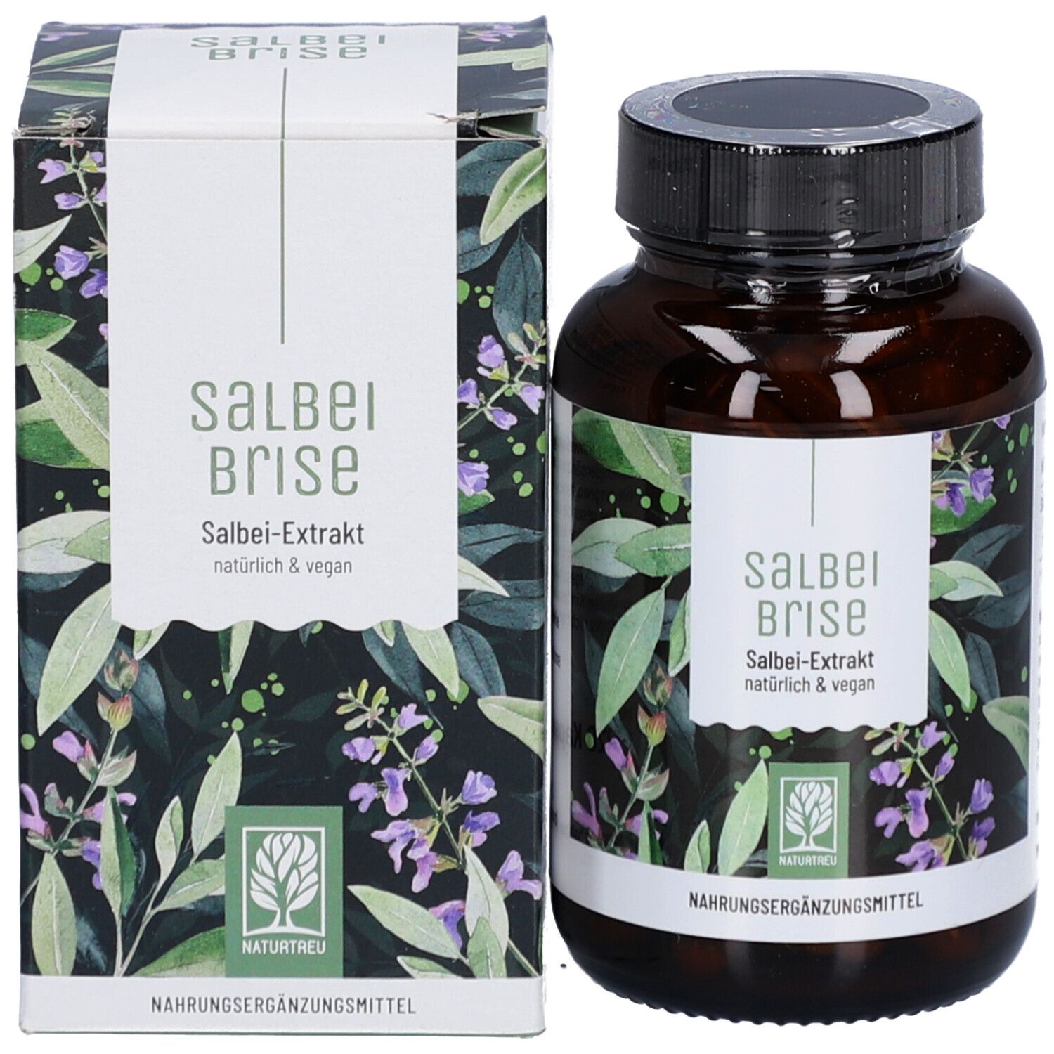 Produktflasche und Verpackung nebeneinander. Verpackung mit Produktnamen und Logo. Nahrungsergänzungsmittel.