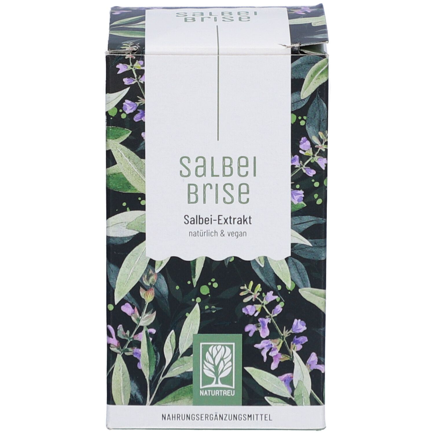 Produktverpackung. Produktname und Logo. Nahrungsergänzungsmittel. Floralmuster.