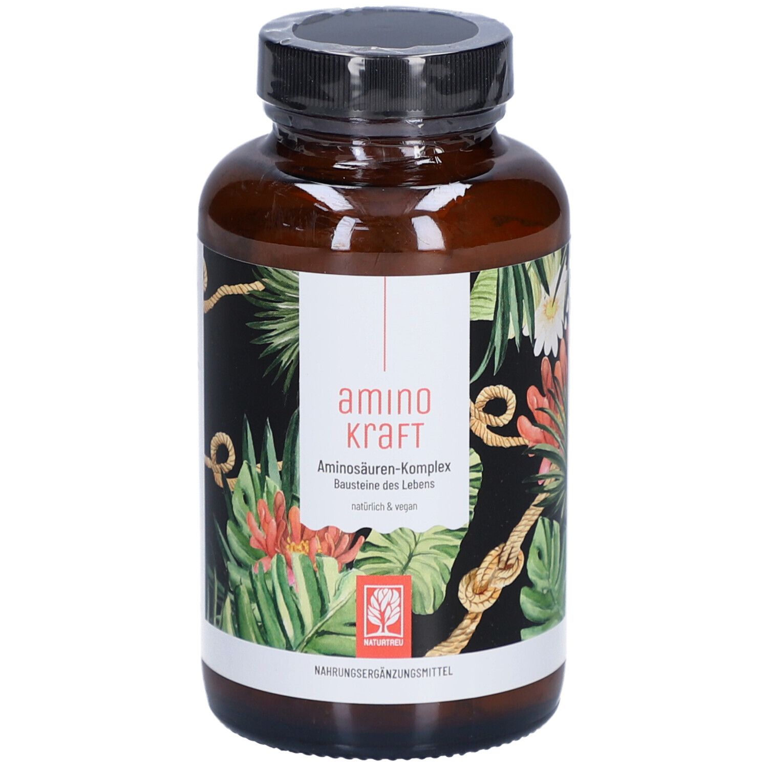 Flacon brun avec bouchon noir. Étiquette avec motif floral et texte: amino kraft, Complexe d'acides aminés.