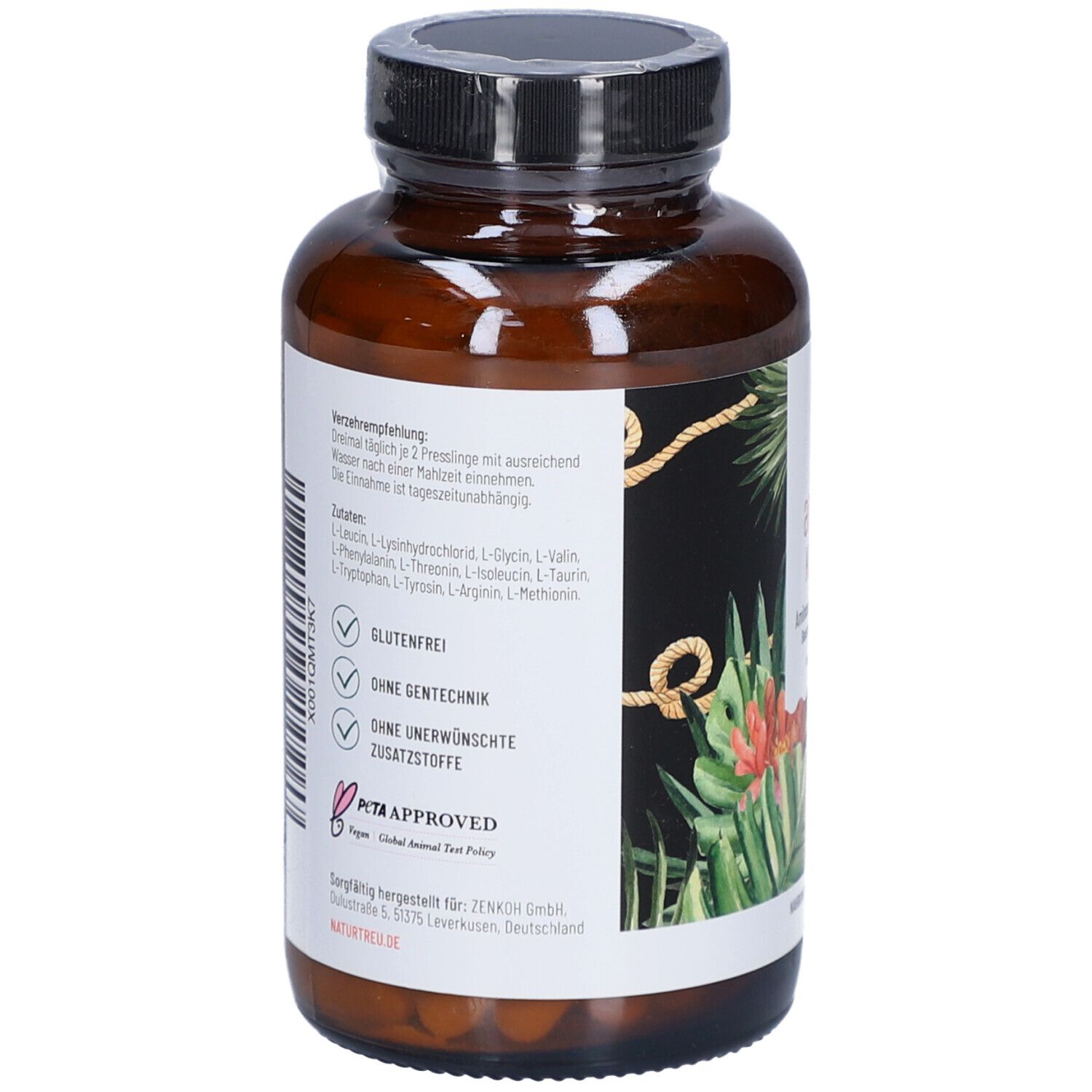 Dos d'une bouteille marron. Étiquette avec liste d'ingrédients, informations et logo PETA. Sans gluten, sans OGM.