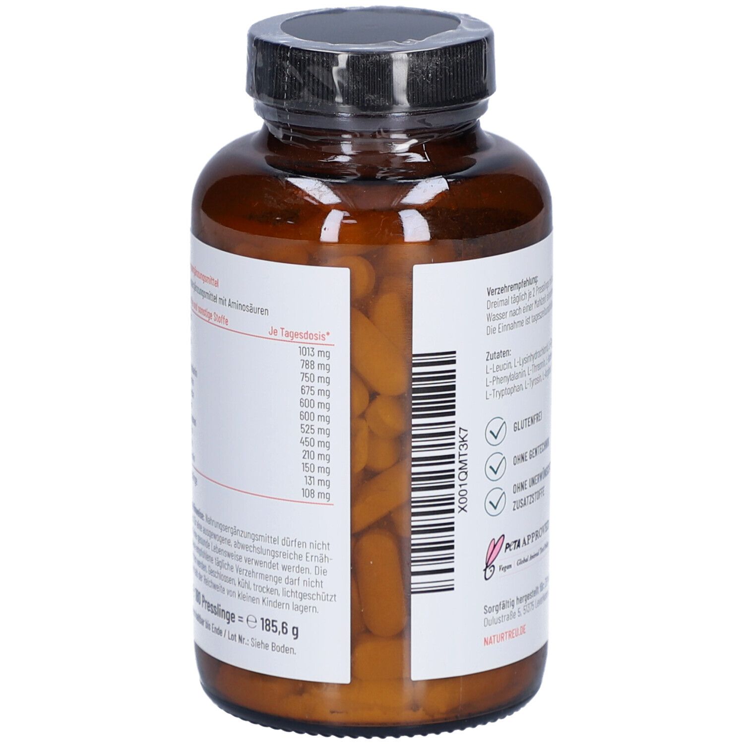 Dos d'une bouteille marron. Étiquette avec informations nutritionnelles et liste d'ingrédients. Contient 180 comprimés.