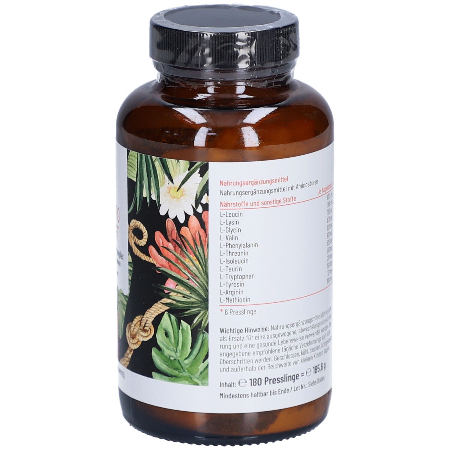 Dos d'une bouteille marron. Étiquette avec informations nutritionnelles et liste d'ingrédients. Contient 180 comprimés.