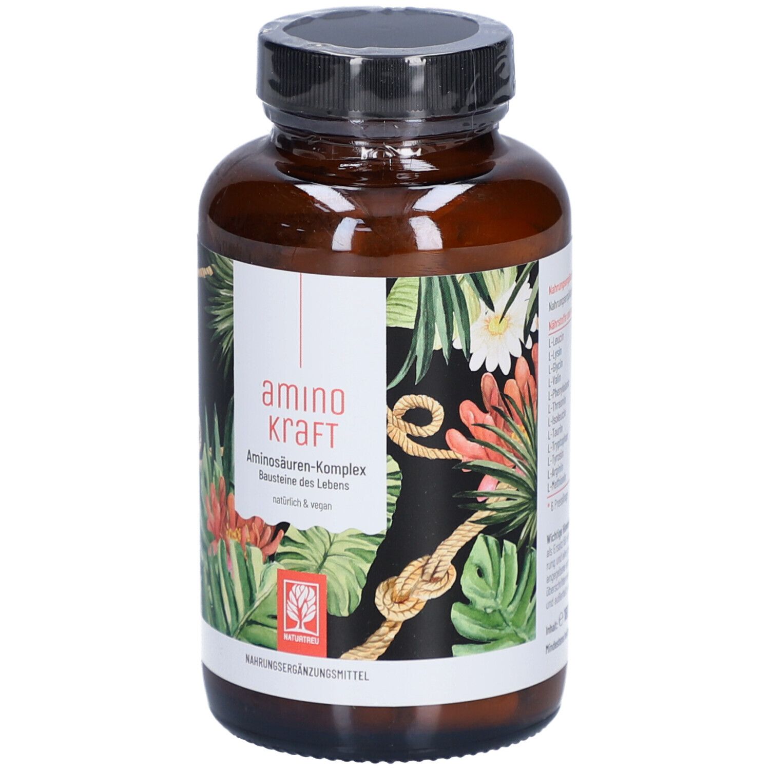 Flacon brun avec bouchon noir. Étiquette avec motif floral et texte: amino kraft, Complexe d'acides aminés.