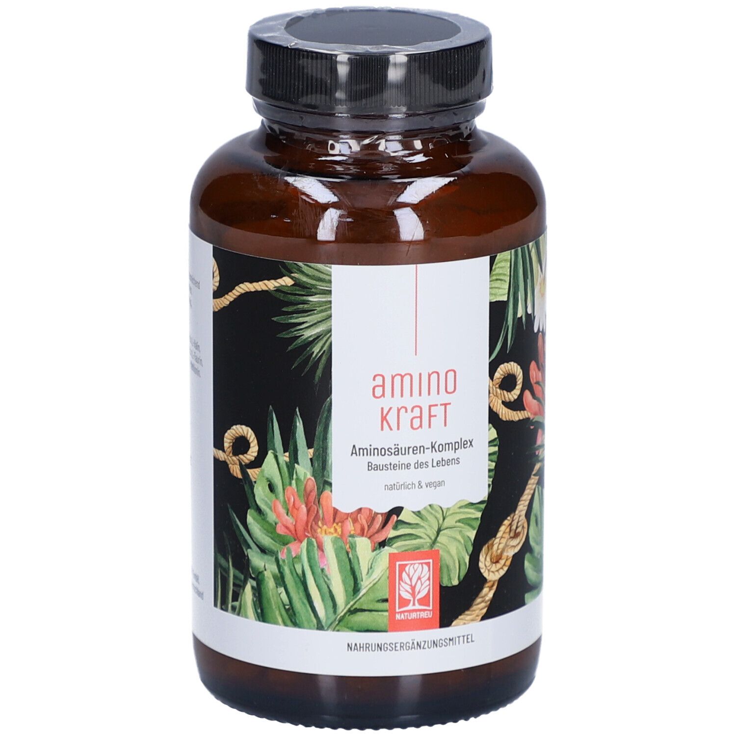 Flacon brun avec bouchon noir. Étiquette avec motif floral et texte: amino kraft, Complexe d'acides aminés.