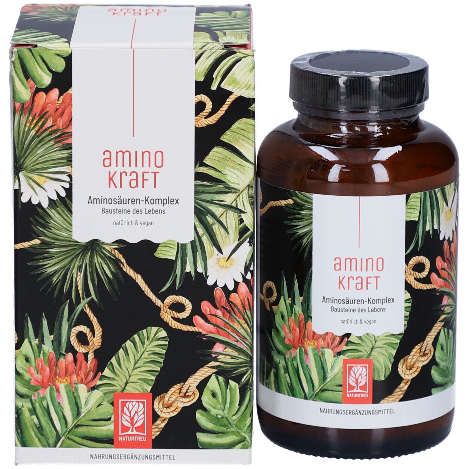 Emballage du produit avec flacon. Flacon avec étiquette florale. Boîte avec le même design et texte: amino kraft.