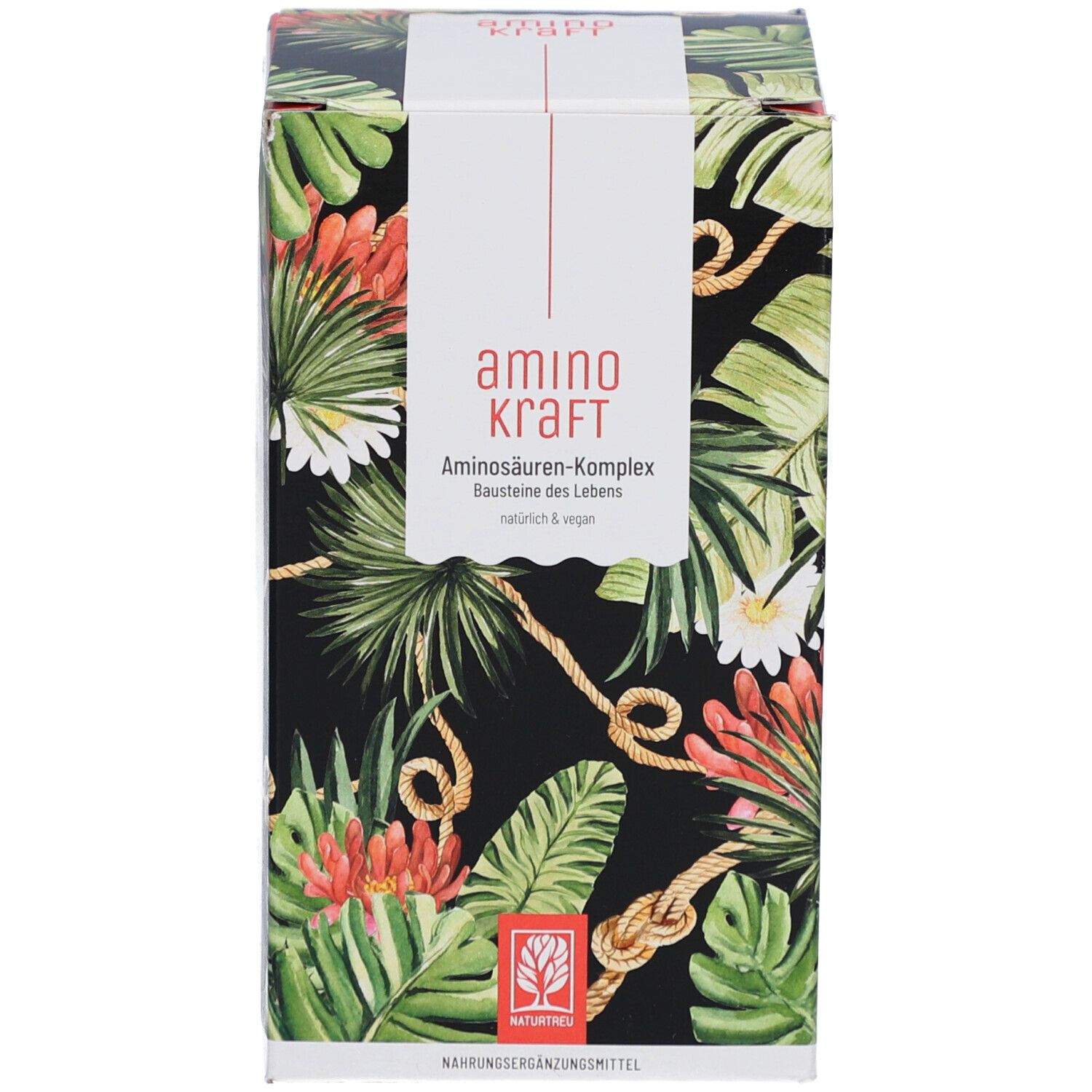 Emballage du produit. Boîte avec motif floral et texte: amino kraft, Complexe d'acides aminés, Briques de la vie.