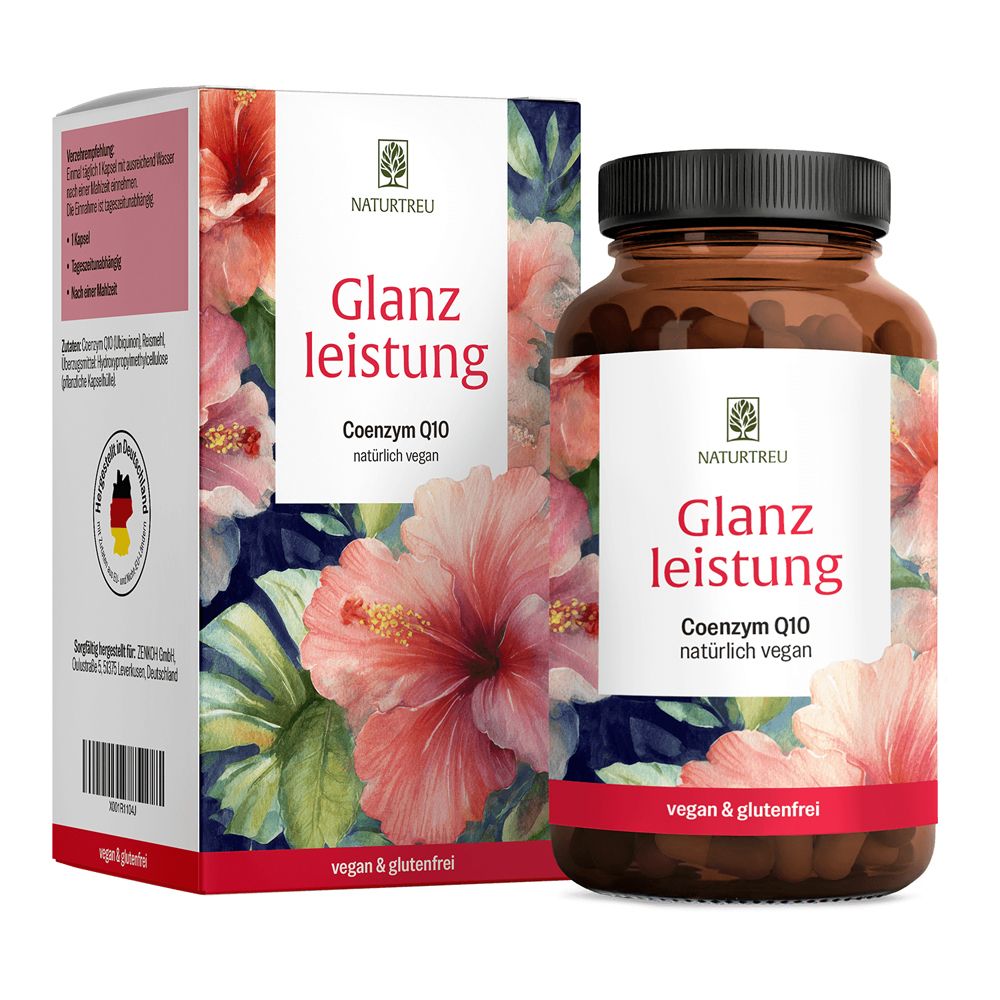 Verpackung und Flasche Coenzym Q10. Dekoriert mit tropischen Blumen. Enthält 90 Kapseln.