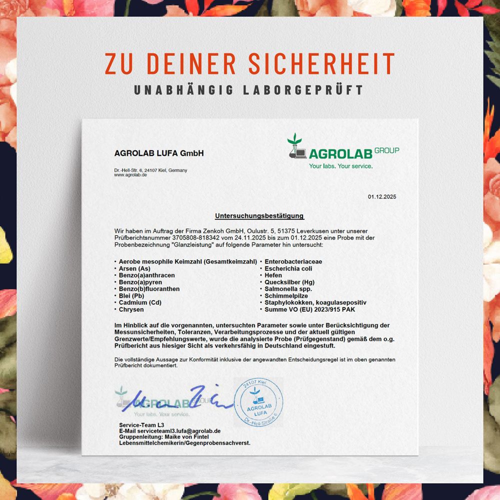 Verpackung von Coenzym Q10. Dekoriert mit tropischen Blumen. Enthält 90 Kapseln.