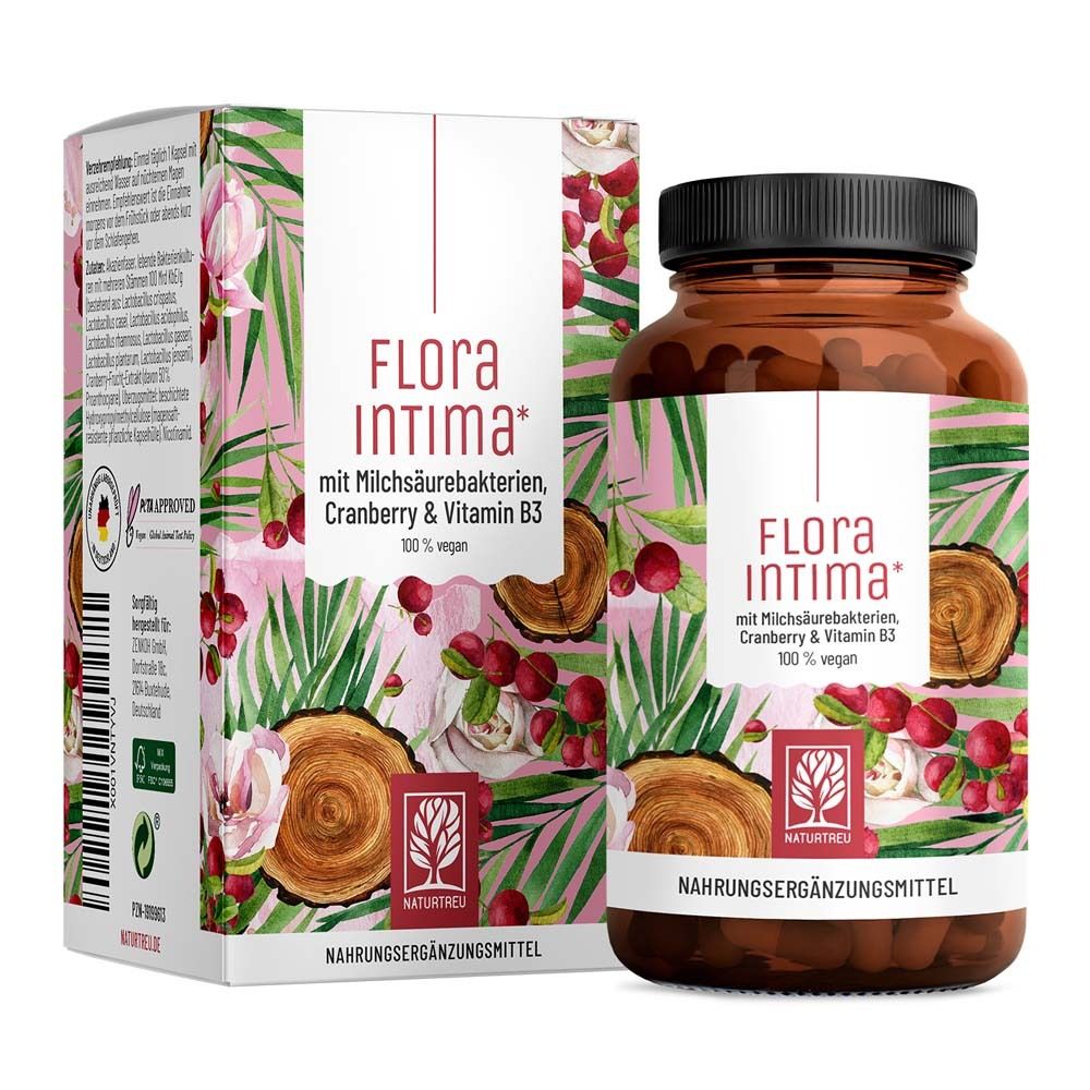Flacon brun avec gélules et emballage. Inscription : Flora Intima, bactéries lactiques, canneberge & vitamine B3.