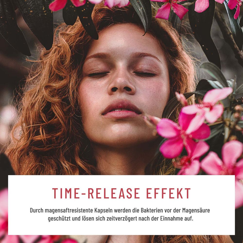 Femme aux yeux fermés. Texte : Effet à libération prolongée. Les gélules protègent de l'acide gastrique.