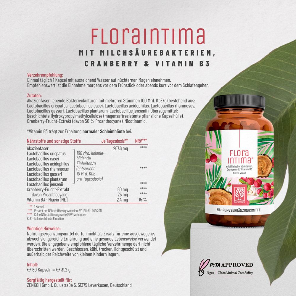 Flacon de gélules. Texte : Flora Intima avec bactéries lactiques, canneberge et vitamine B3. Logo PETA.