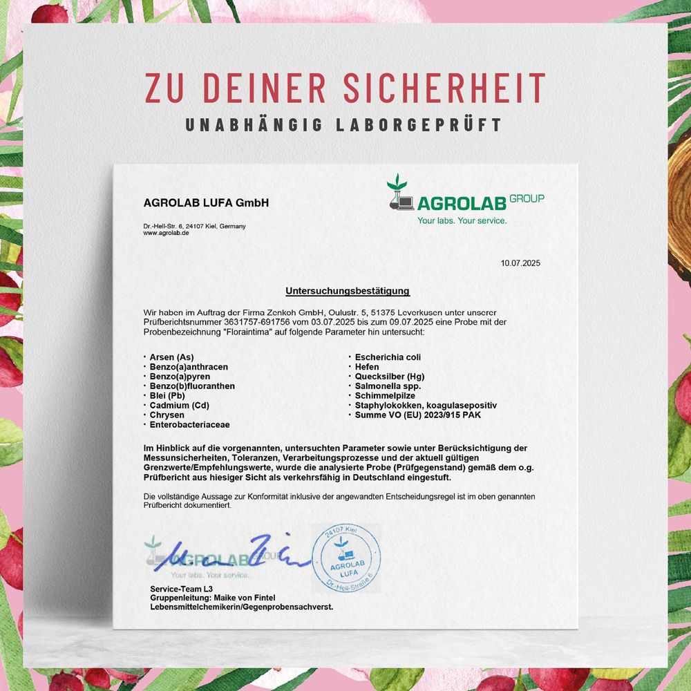 Certificat d'Agrolab LUFA GmbH. Texte : Testé en laboratoire indépendant. Résultats des tests pour Flora Intima.