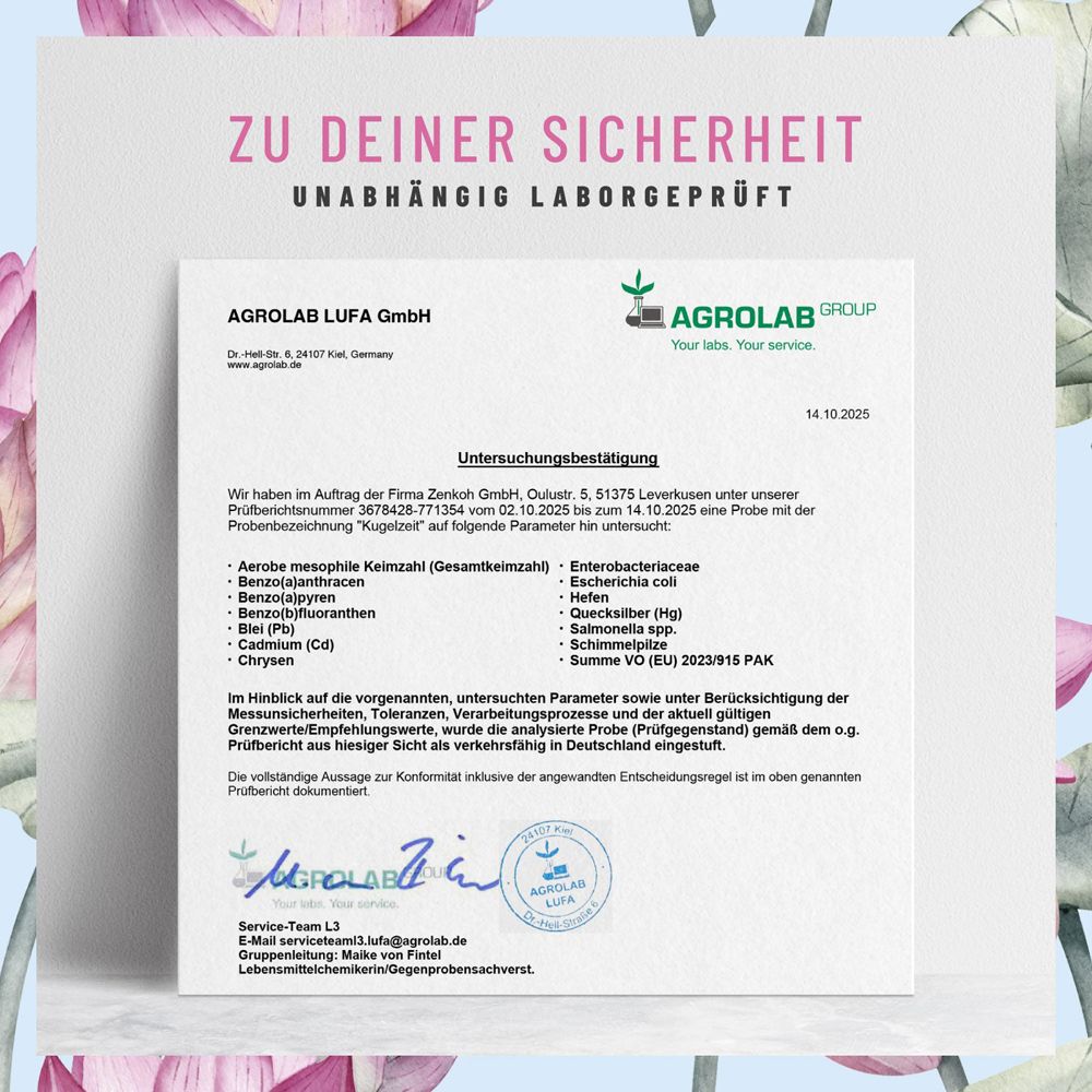 Certificat d'Agrolab LUFA GmbH. Testé en laboratoire indépendant. Paramètres : nombre de germes, métaux lourds, etc.