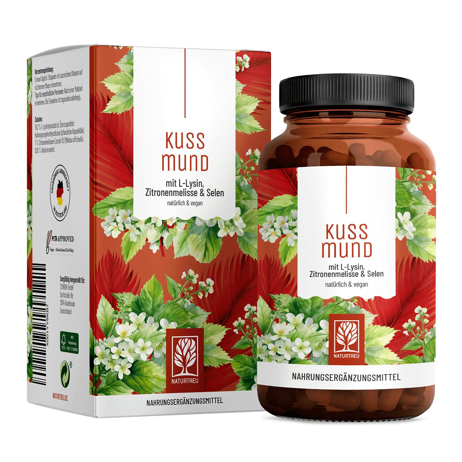 Flacon en verre brun et boîte avec "Kussmund, L-Lysin, Zitronenmelisse & Selen". Logo NATURTREU® et certification.
