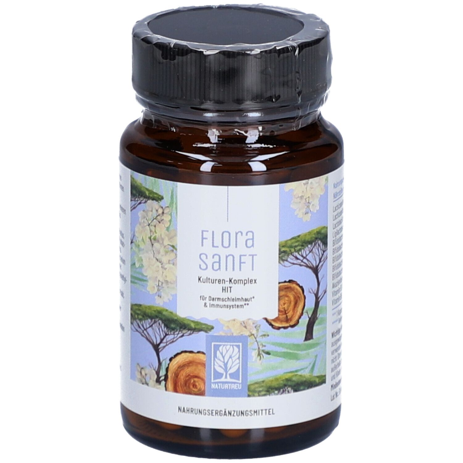 Braune Glasflasche mit Kapseln. Aufschrift: Flora Sanft, Kulturen-Komplex HIT. Naturtreu Logo. Nahrungsergänzungsmittel.