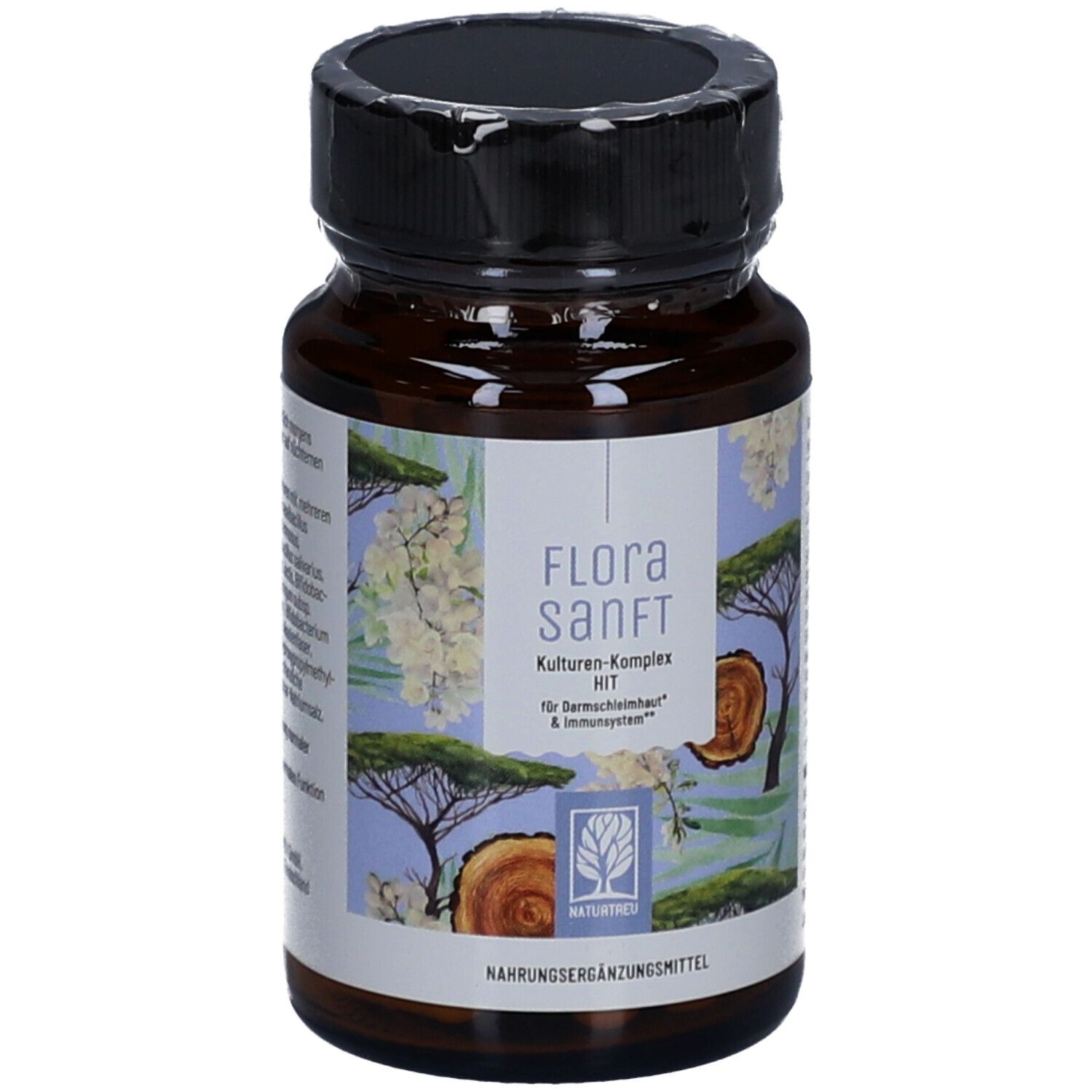 Braune Glasflasche mit Kapseln. Aufschrift: Flora Sanft, Kulturen-Komplex HIT. Naturtreu Logo. Nahrungsergänzungsmittel.