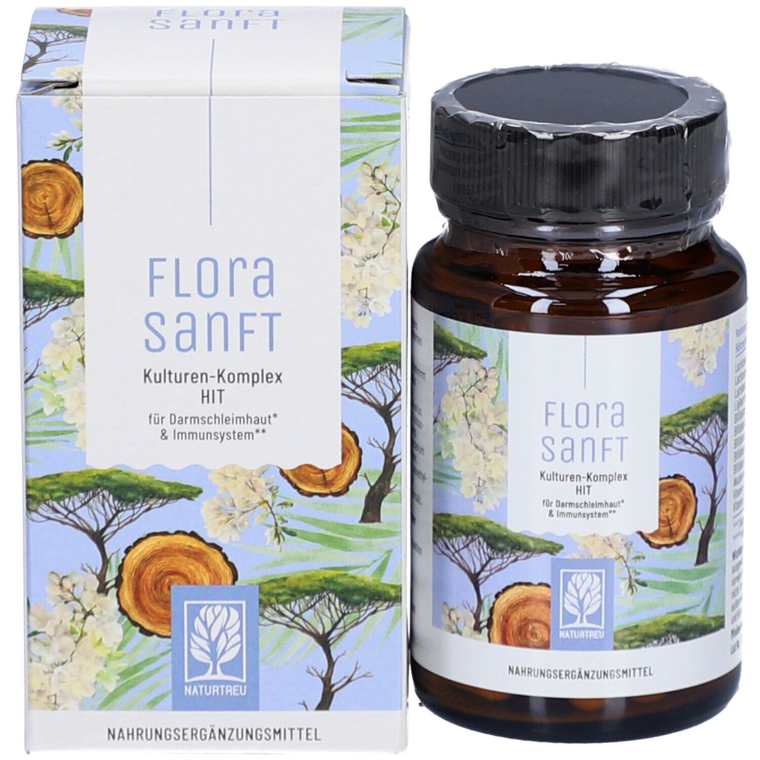 Produkt und Verpackung. Braune Glasflasche mit Kapseln und Karton. Aufschrift: Flora Sanft, Kulturen-Komplex HIT. Naturtreu Logo.